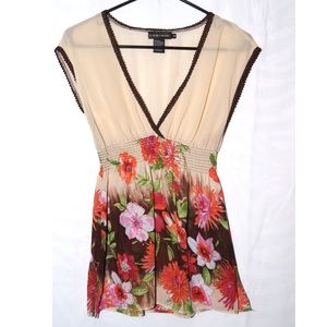 Rampage tan, brown, pink, green, orange floral top